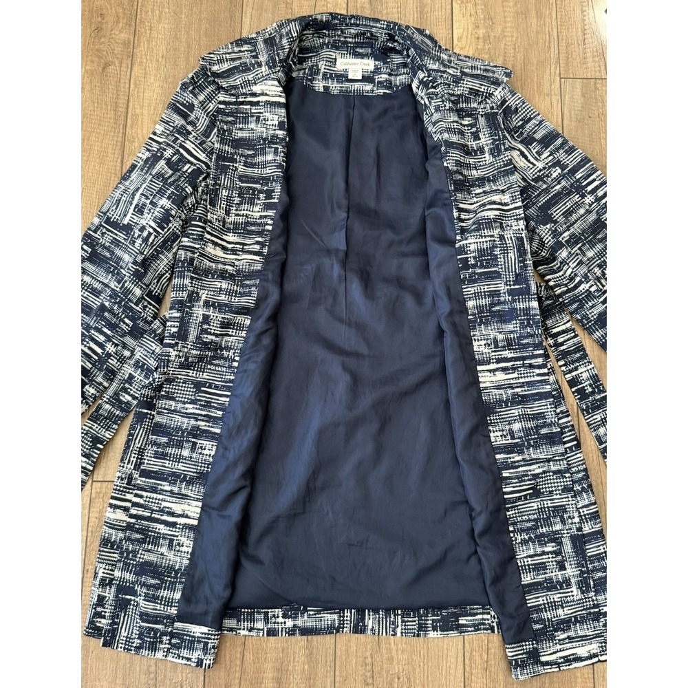 Coldwater Creek Trench Coat Blue/Cream Abstract Belted Mid Length Sz M (10-12) - Picture 10 of 16